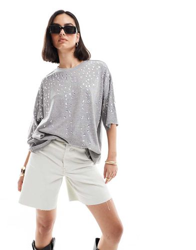 T-shirt oversize grigia decorata con cristalli - ASOS DESIGN - Modalova