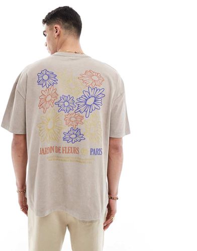 T-shirt oversize pesante 220 gsm beige slavato con stampa a fiori sul retro - ASOS DESIGN - Modalova