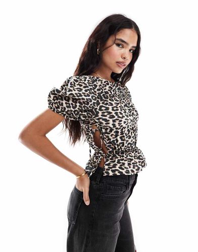 Top in popeline leopardato con maniche a sbuffo arricciate - ASOS DESIGN - Modalova