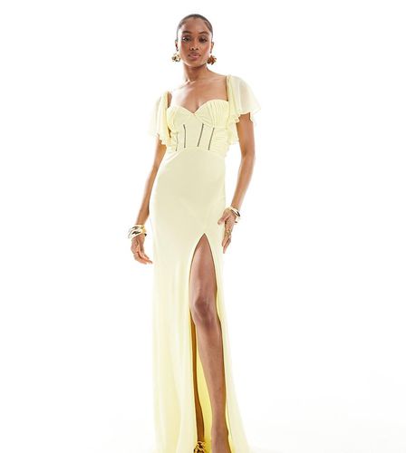 ASOS DESIGN Tall - Vestito lungo in raso limone con dettaglio stile corsetto in chiffon con taglio sbieco e maniche con volant - ASOS Tall - Modalova