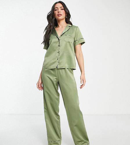 ASOS DESIGN Tall - Mix & Match - Pantaloni del pigiama in raso oliva con profili con stampa animalier - ASOS Tall - Modalova