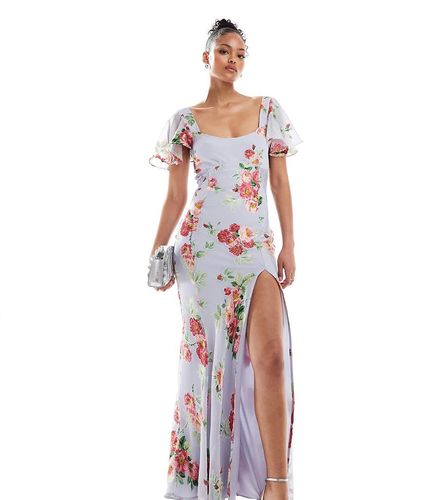 ASOS DESIGN Tall - Robe longue à fleurs en tissu dévoré avec manches évasées et empiècement en dentelle - Bleu - Asos Tall - Modalova