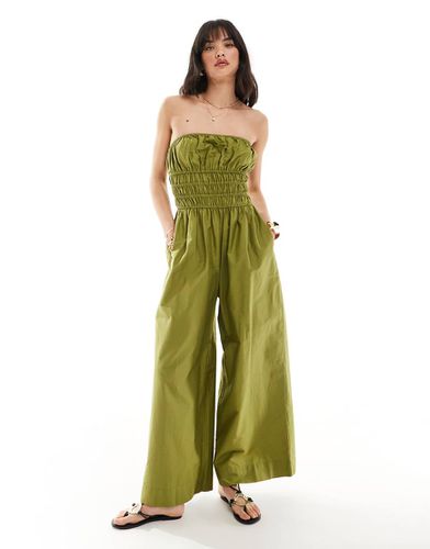 Tuta jumpsuit a fondo ampio kaki con corpino arricciato - ASOS DESIGN - Modalova