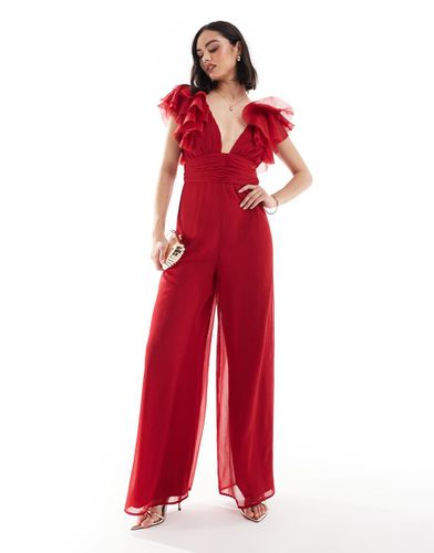 Tuta jumpsuit con fondo ampio e maniche con volant rossa incrociata sul retro - ASOS DESIGN - Modalova