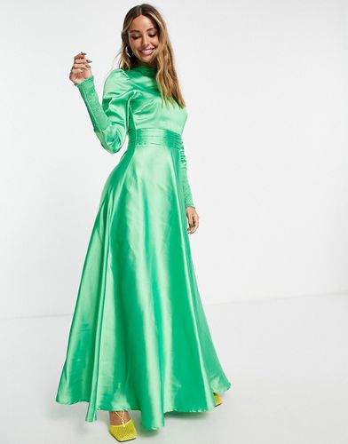 Vestito da giorno lungo a maniche lunghe in raso smeraldo raccolto in vita con polsini arricciati - ASOS DESIGN - Modalova