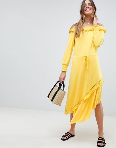 Vestito da giorno midi con spalle scoperte e bordi increspati - ASOS DESIGN - Modalova