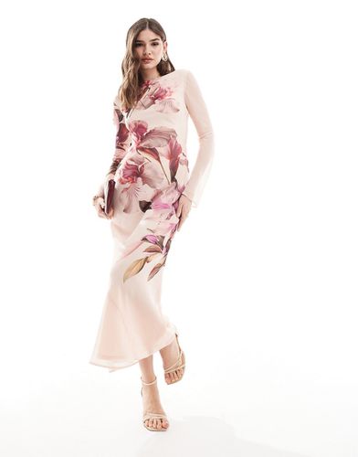 Vestito lungo a maniche lunghe crema con stampa a fiori rosa - ASOS DESIGN - Modalova