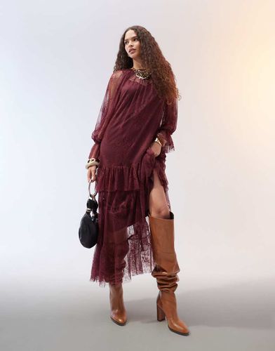 Vestito lungo bordeaux in pizzo con volant - ASOS DESIGN - Modalova