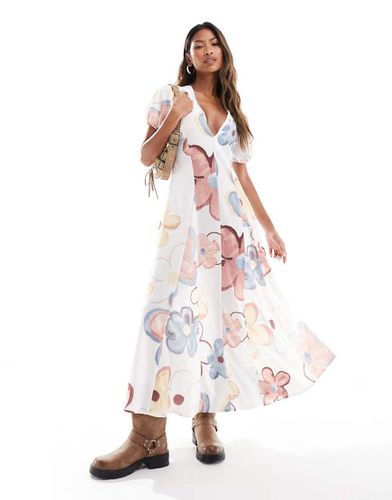 Vestito lungo con maniche a sbuffo e gonna godet con stampa a fiori grandi - ASOS DESIGN - Modalova