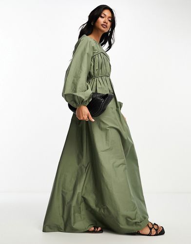 Vestito lungo in popeline di cotone con bustino arricciato color oliva - ASOS DESIGN - Modalova