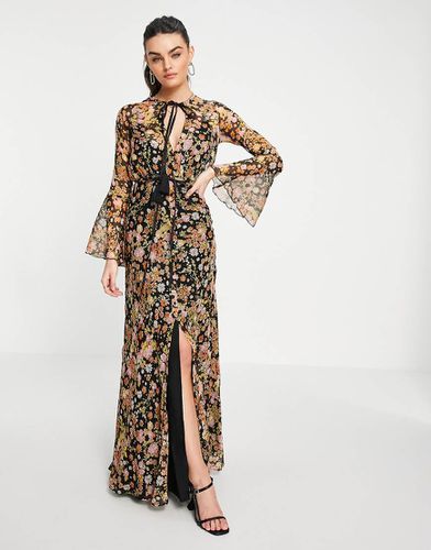 Vestito midi a fiori con polsini con volant e dettaglio con nappe - ASOS DESIGN - Modalova