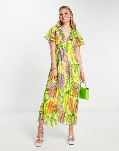 Vestito midi giallo a fiori con fondo a pieghe e maniche ad ali di pipistrello - ASOS DESIGN - Modalova