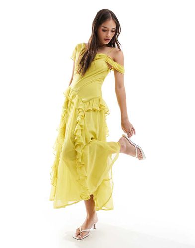 Vestito midi giallo con fondo drappeggiato con finiture traforate e volant - ASOS DESIGN - Modalova