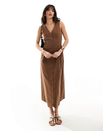 Vestito midi stile gilet in lino color cioccolato con bottoni - ASOS DESIGN - Modalova