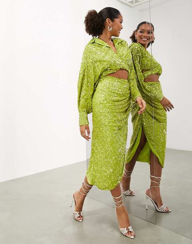 Gonna midi in paillettes lime con drappeggio - ASOS EDITION - Modalova