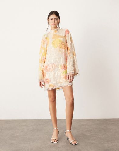 Vestito corto arancione a fiori accollato con stampa, frange e paillettes - ASOS EDITION - Modalova