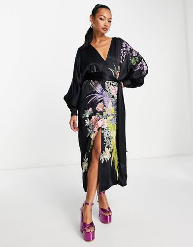 Vestito midi vistoso con scollo a V e allacciatura con fenice e fiori - ASOS EDITION - Modalova