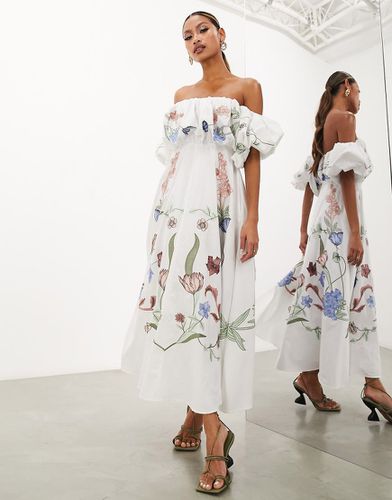 Vestito midi a fiori con ricami e scollo alla Bardot - ASOS EDITION - Modalova