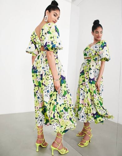 Vestito midi in lino a portafoglio a fiori con maniche a campana - ASOS EDITION - Modalova