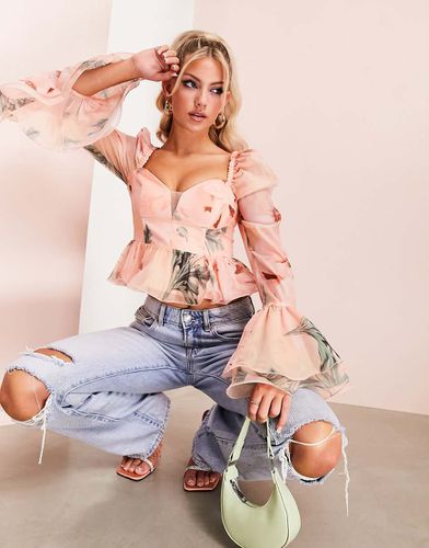 Top peplo in organza rosa a fiori con maniche svasate - ASOS Luxe - Modalova