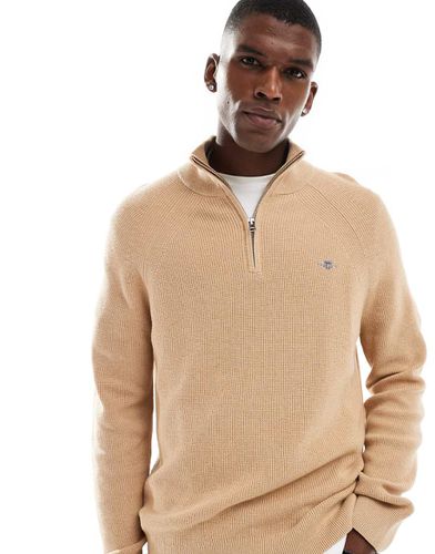 Maglione color cuoio in misto cotone e lana con zip corta e logo - Gant - Modalova