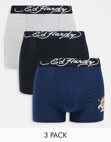 Confezione da 3 boxer in jacquard con fascia in vita con logo - Ed Hardy - Modalova