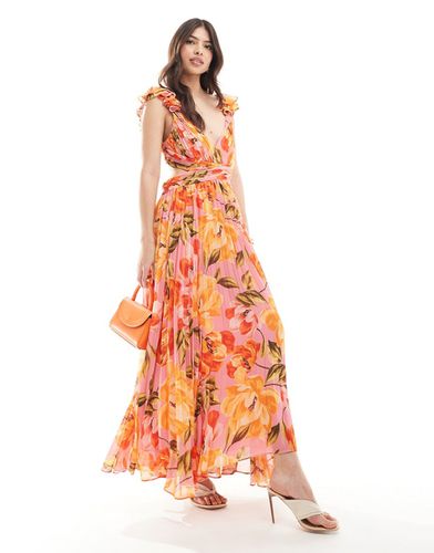 Vestito lungo plissé con cut-out e motivo con fiori arancione e rosa - Forever New - Modalova