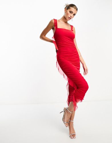 Flounce - Vestito midi in rete rossa con volant e scollo squadrato - Flounce London - Modalova