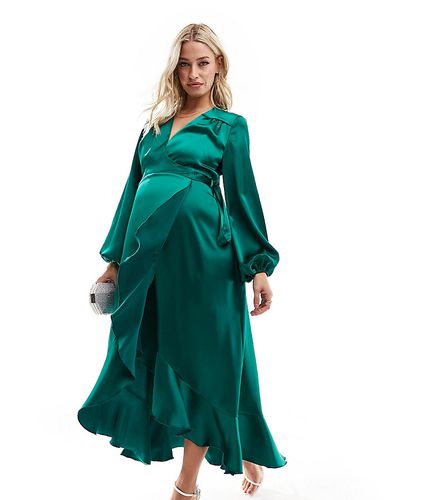 Vestito a portafoglio in raso smeraldo - Flounce London Maternity - Modalova