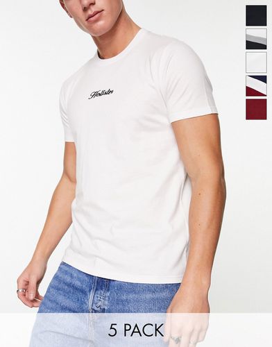 Confezione da 5 T-shirt con logo al centro tinta unita e con riga sul petto - Hollister - Modalova