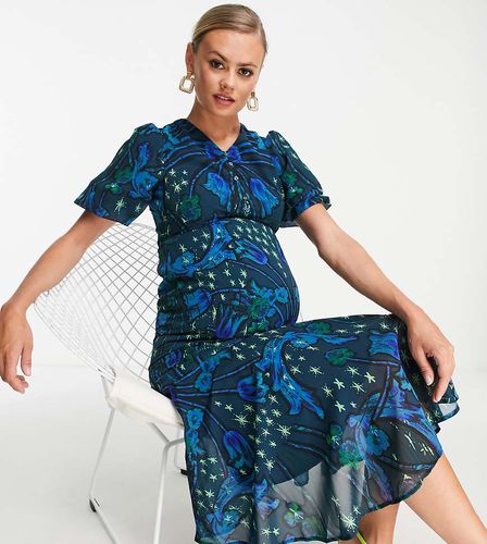 Vestito midi da giorno con maniche a sbuffo color cobalto con stampa a stelle - Hope & Ivy Maternity - Modalova