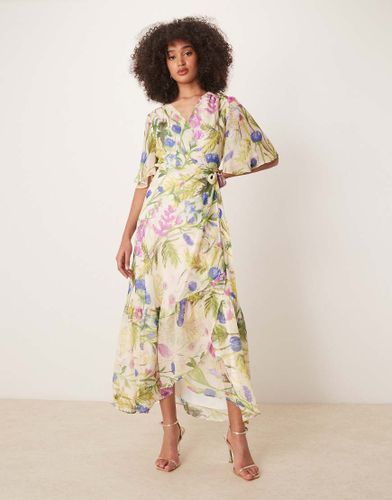 Robe portefeuille longue imprimée avec manches à volants et liens à la taille - Hope & Ivy - Modalova