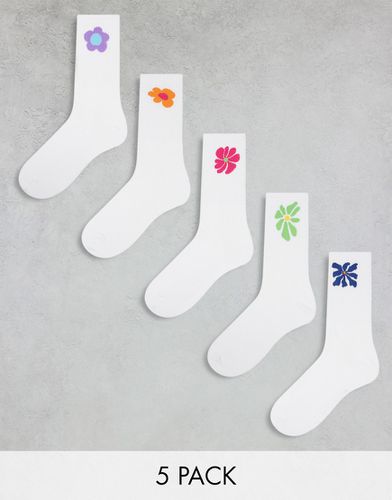 Confezione da 5 calzini da tennis bianchi con stampa di fiori - Jack & Jones - Modalova