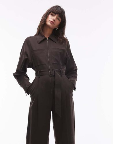 Tuta jumpsuit multitasche a maniche lunghe in lana marrone scuro - Other Stories - Modalova