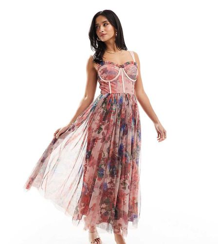 Vestito midi con corsetto in tulle a fiori rosa - Lace & Beads Petite - Modalova