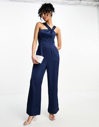 Tuta jumpsuit asimmetrica in raso navy - Little Mistress - Modalova