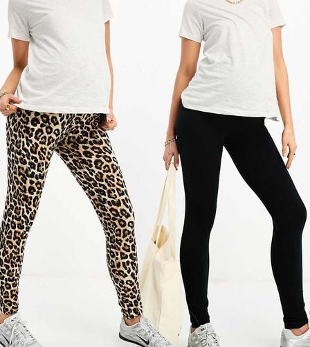 Mamalicious Maternity - Confezione da 2 paia di leggings sopra il pancione neri e con stampa leopardata - Mama.licious - Modalova