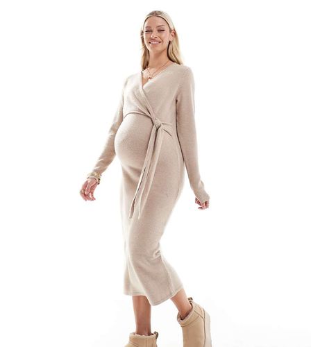 Mamalicious Maternity - Vestito lungo in maglia beige con nodo sul davanti - Mama.licious - Modalova