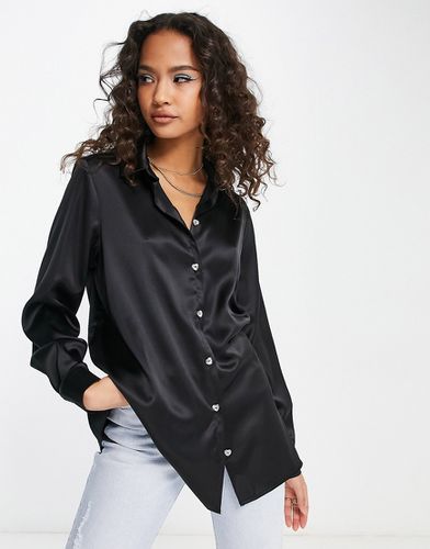 Camicia oversize in raso nera con bottoni con strass - Miss Selfridge - Modalova