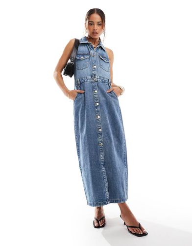 Vestito midi in denim allacciato al collo - New Look - Modalova