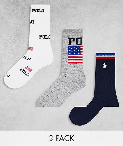 Confezione da 3 paia di calzini sportivi blu navy, grigio e con logo a bandiera - Polo Ralph Lauren - Modalova