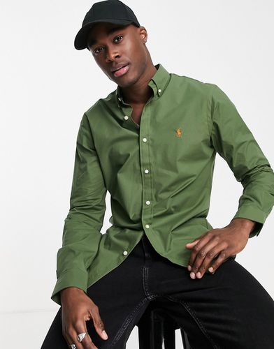 Camicia slim fit in popeline oliva con logo - Polo Ralph Lauren - Modalova