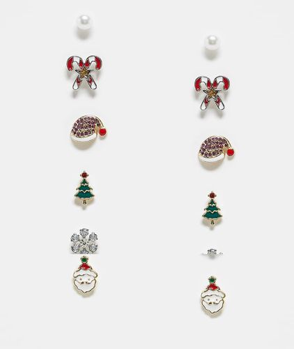 Confezione da 6 paia di orecchini a bottone multicolore con Babbo Natale - Pieces - Modalova