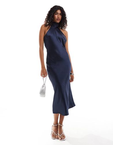 Vestito midi accollato in raso navy - Pretty Lavish - Modalova