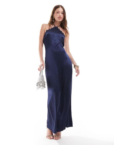 Vestito lungo allacciato al collo in raso navy notte - Pretty Lavish - Modalova