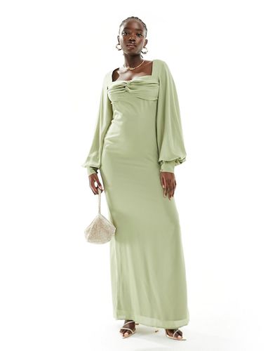 Vestito lungo da damigella con maniche a palloncino oliva - Pretty Lavish - Modalova
