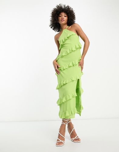 Vestito lungo lime allacciato al collo con volant - Pretty Lavish - Modalova