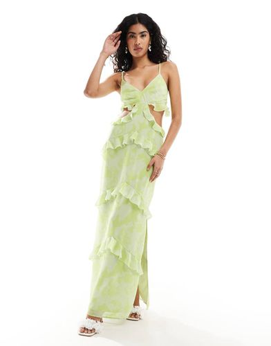 Rinna - Vestito lungo color lime con stampa a fiori, volant e cut-out - In esclusiva per ASOS - Pretty Lavish - Modalova