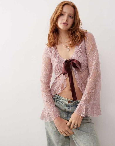 Top in pizzo allacciato sul davanti con fiocco bordeaux - Reclaimed Vintage - Modalova