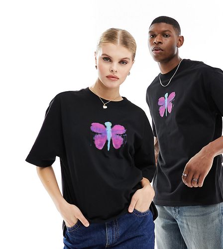 T-shirt oversize unisex nera con stampa di farfalla - In esclusiva per ASOS - Weekday - Modalova